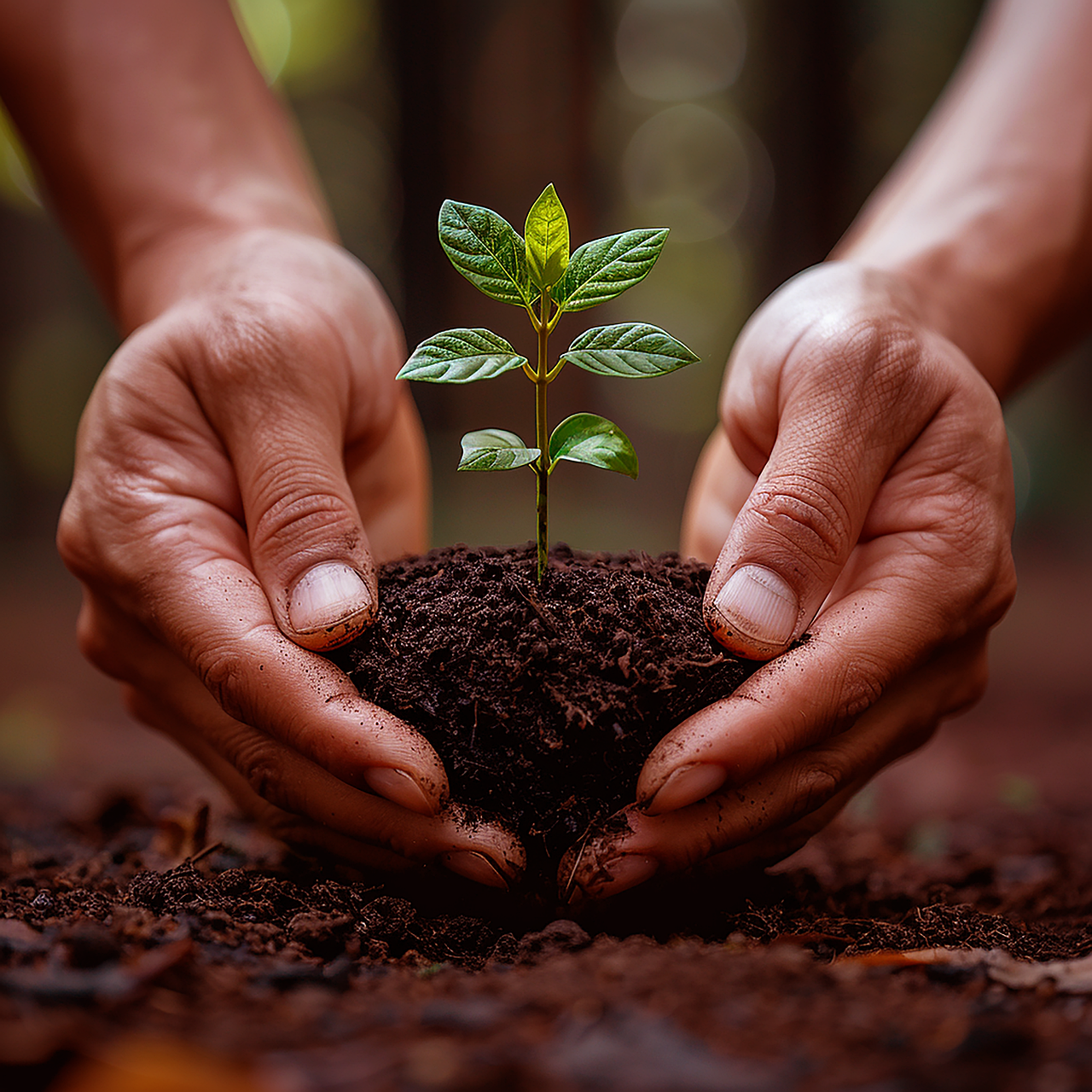 Mains protégeant une jeune pousse, symbole de croissance, de soin et de valeurs humaines en coaching